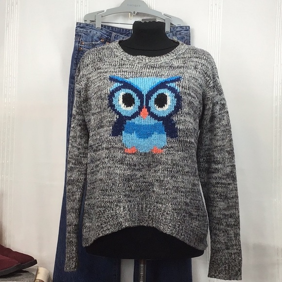 Jolt Sweaters - JOLT Graphic Owl Heather Knit High Low Crew Neck Long Sleeve Sweater